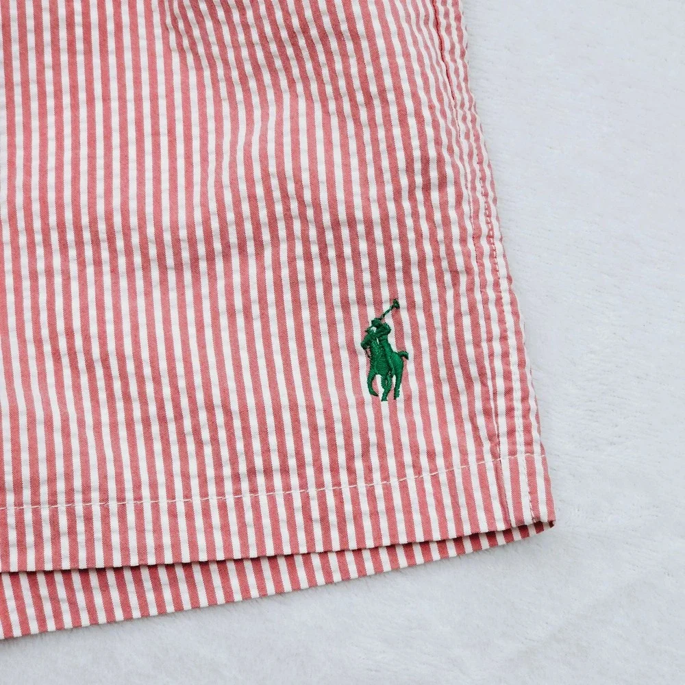 Polo Ralph Lauren Swim Trunks Mens S Red White Seersucker Striped Preppy Coastal
